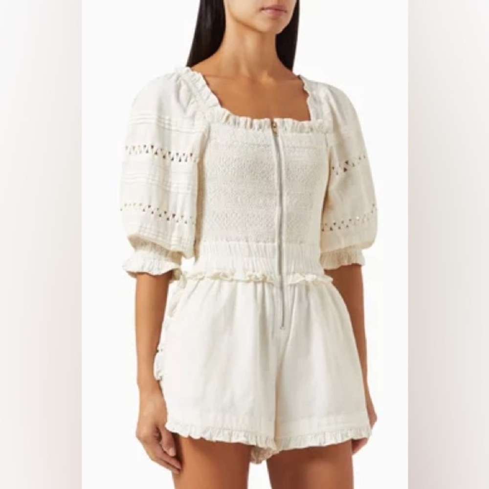 Sea New York Cream Smocked Puff-Sleeve Linen Romper